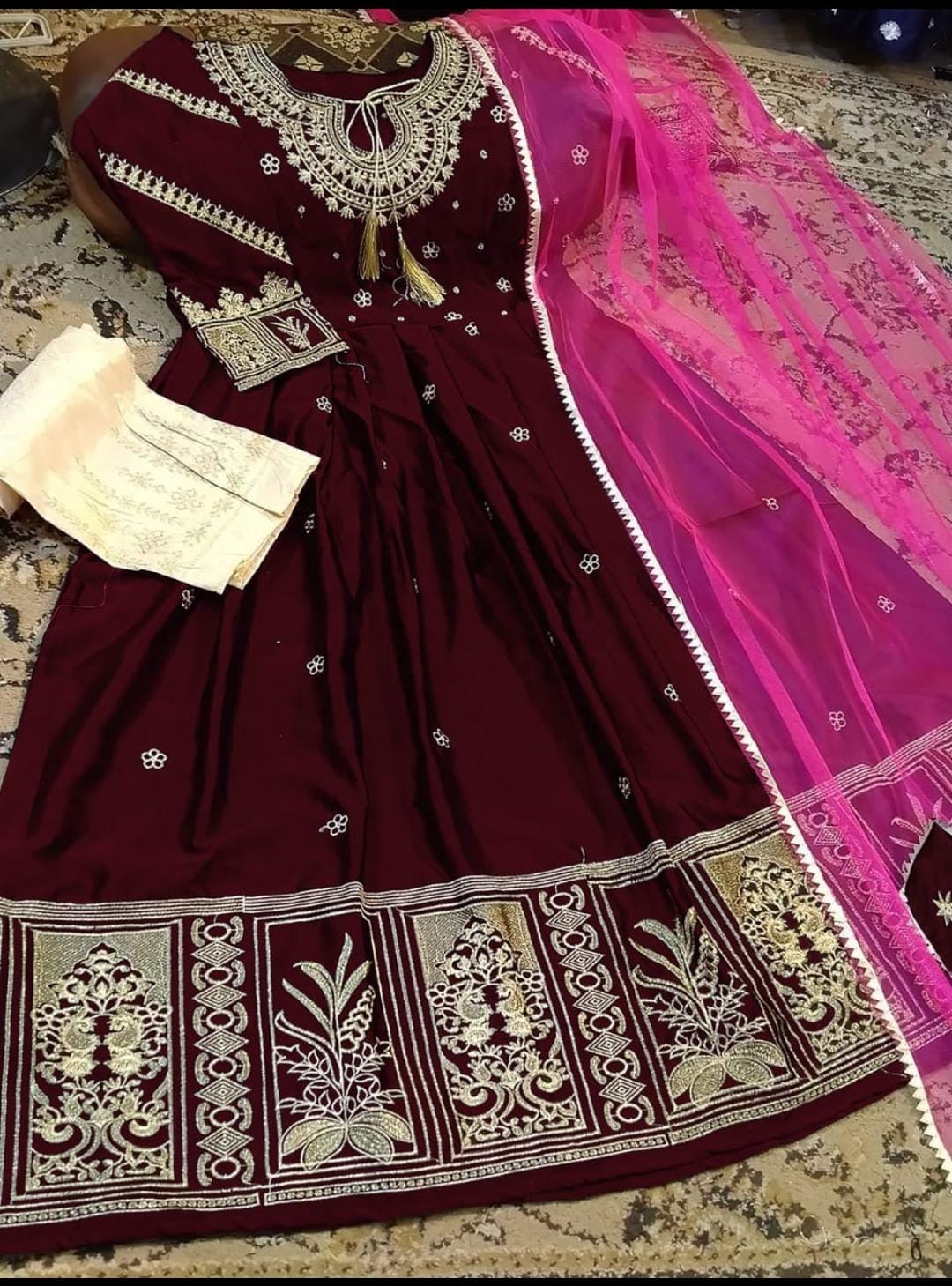 Neck,Border Heavy Embroidery With Two Colours Dupatta 3pcs