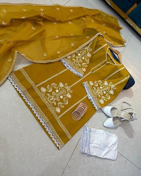 MUSTARD 3pc organza embroidered